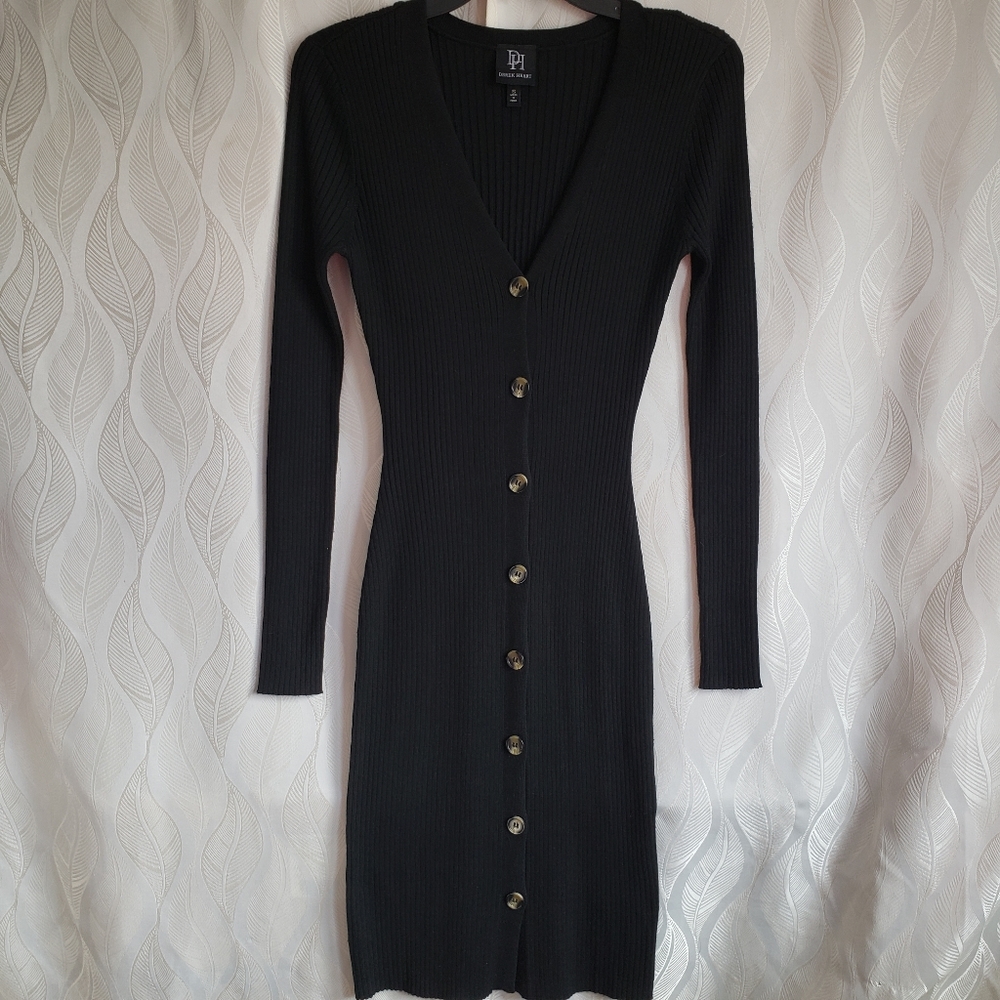Black Ribbed Button Front Vneck Long Sleeve Bodycon Midi Sweater Dress